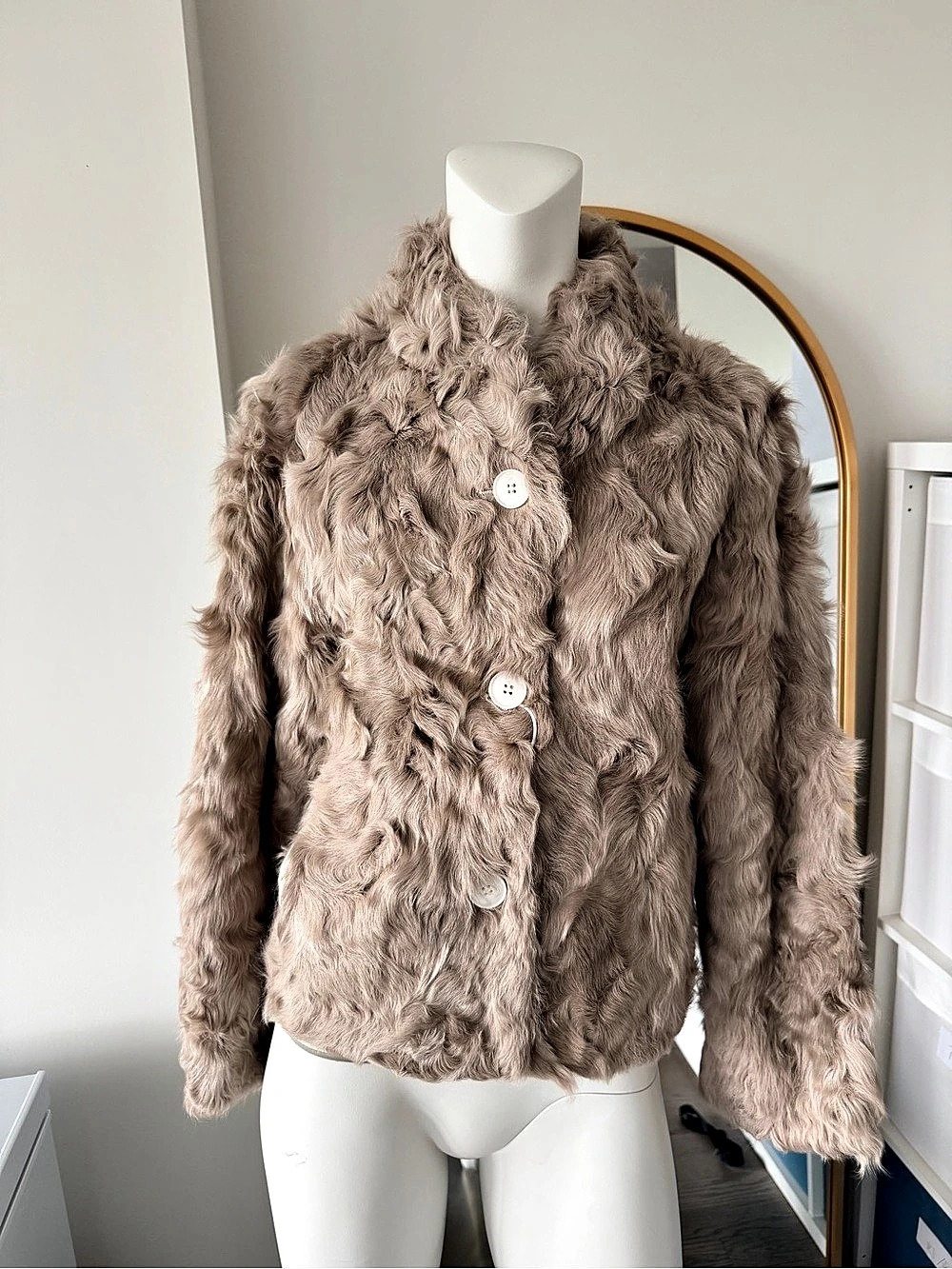 Luxury Curly Lamb Shearling Jacket Taupe Beige Fur Coat NWT